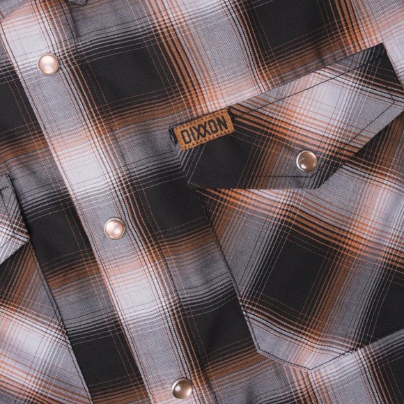NWT Dixxon Flannel Bamboo Patina Black Brown Plaid Short Sleeve Pearl Snap Shirt - Picture 7 of 9